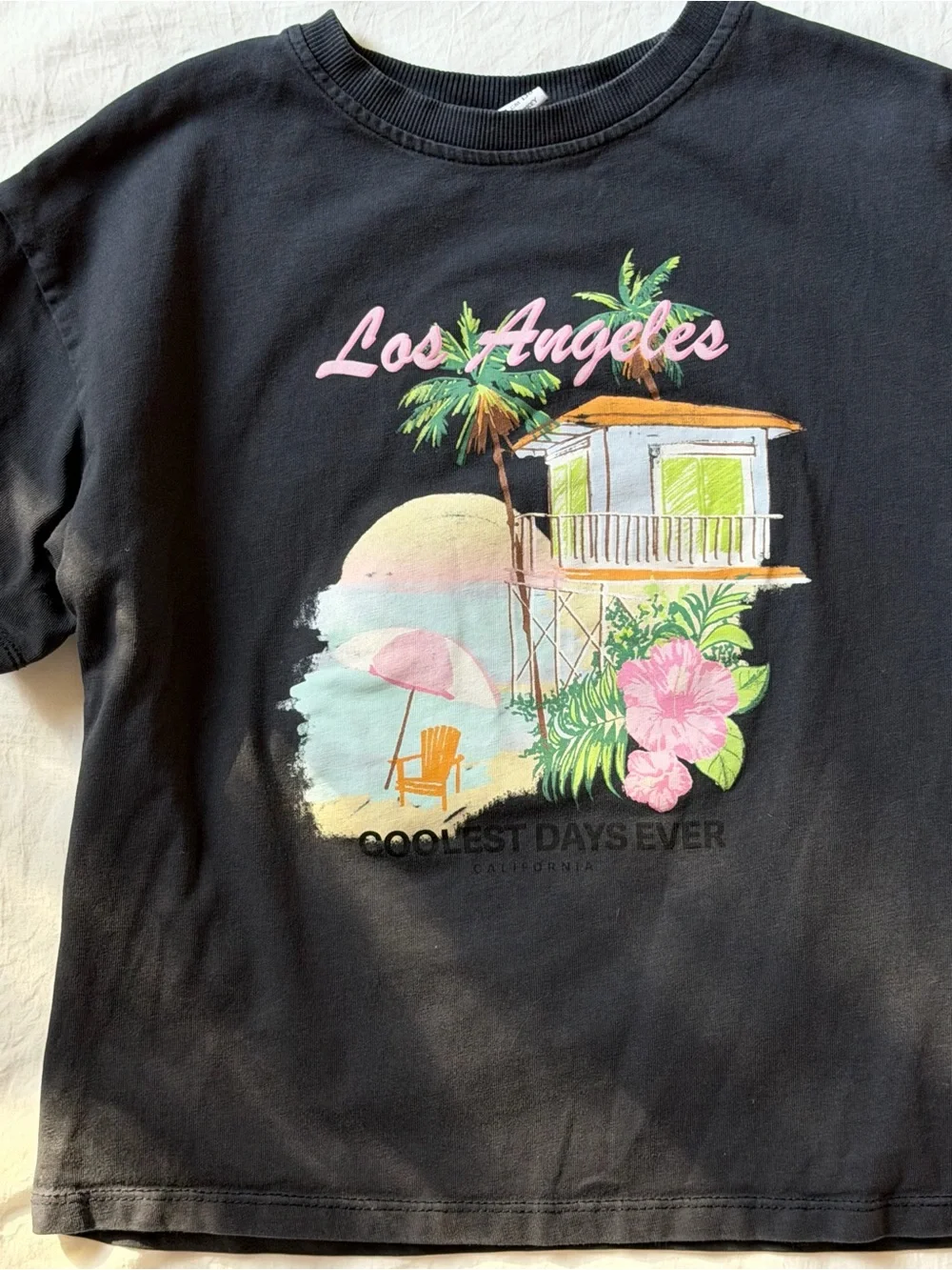 ZARA Kids 8-9Y Los Angeles California Beach Graphic T-Shirt Black